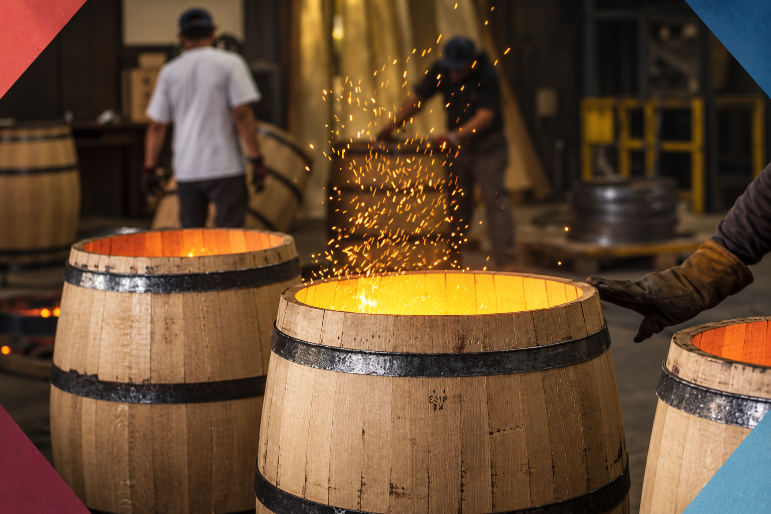 Oak barrels being toasted, with glowing fire and rising sparks
