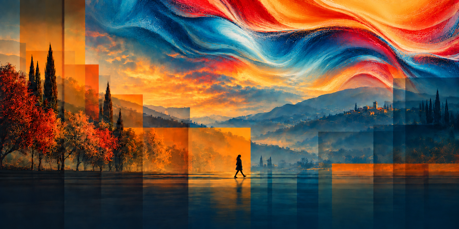 A woman walks across a landscape of blue hills and orange trees beneath flowing amber, coral and turquoise colour