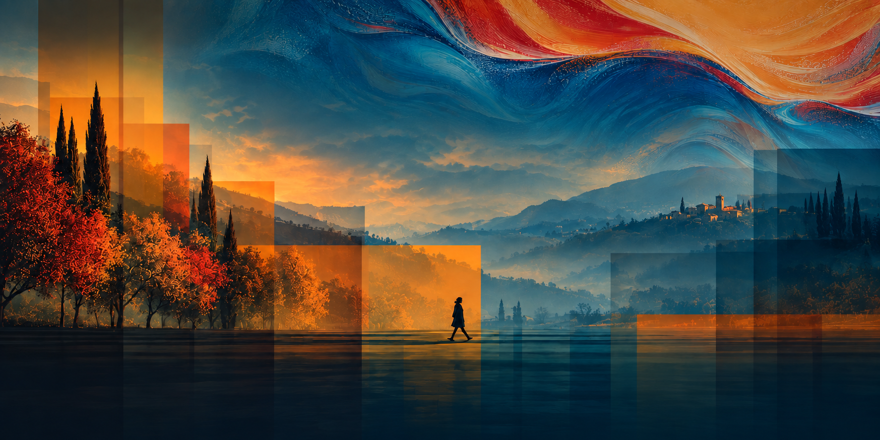 Blue hills and orange trees layered with painterly colour and digital frames; a figure crosses the landscape