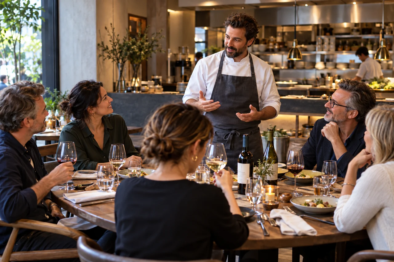 A chef leading a wine tasting with guests gathered around a dining table