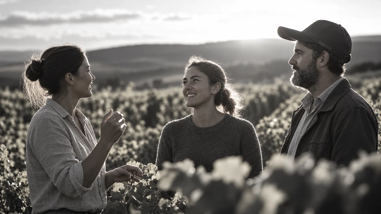 Three people in conversation among vineyard rows
