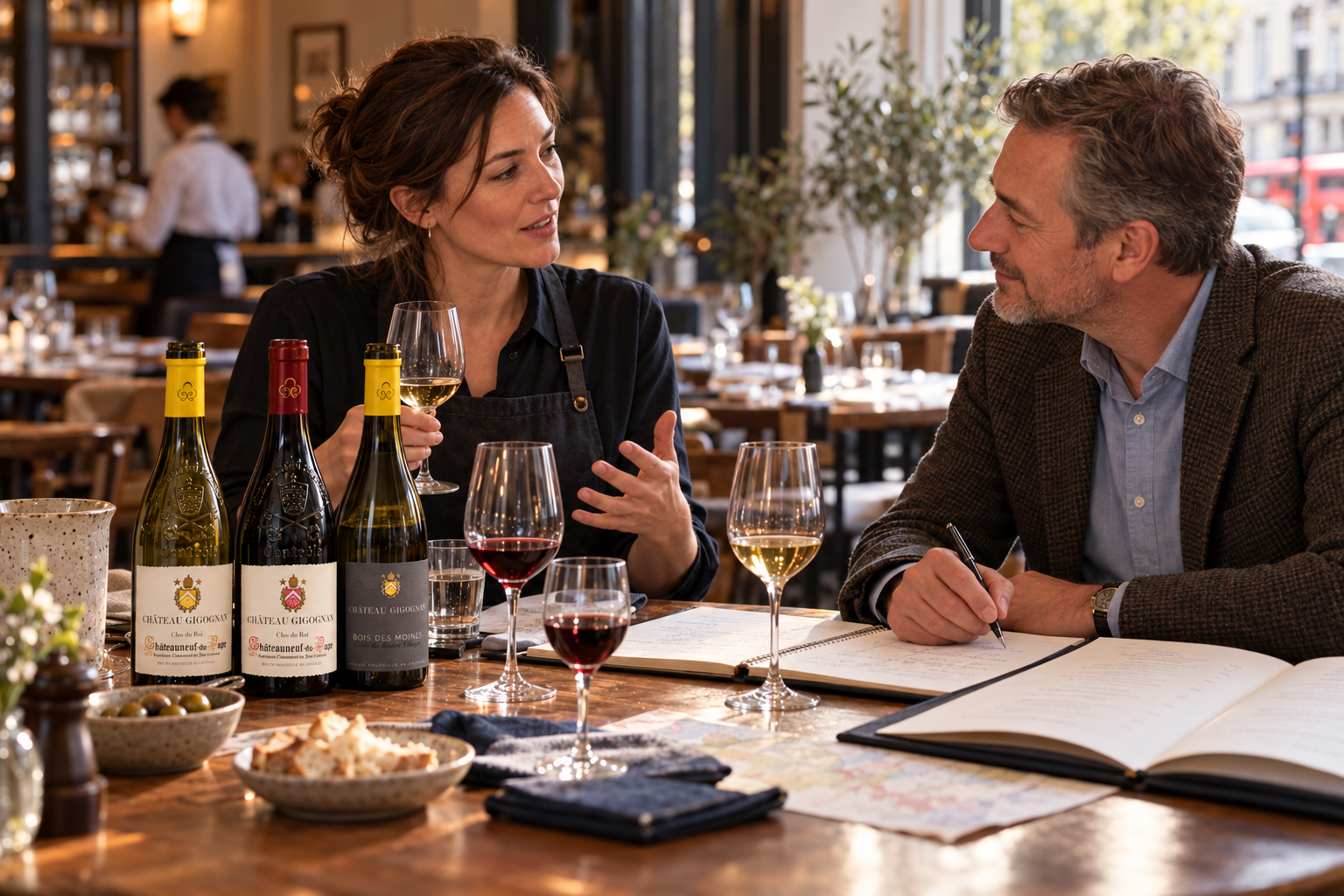 Illustrative London restaurant tasting with a sommelier and buyer discussing Château Gigognan wines beside an open wine list