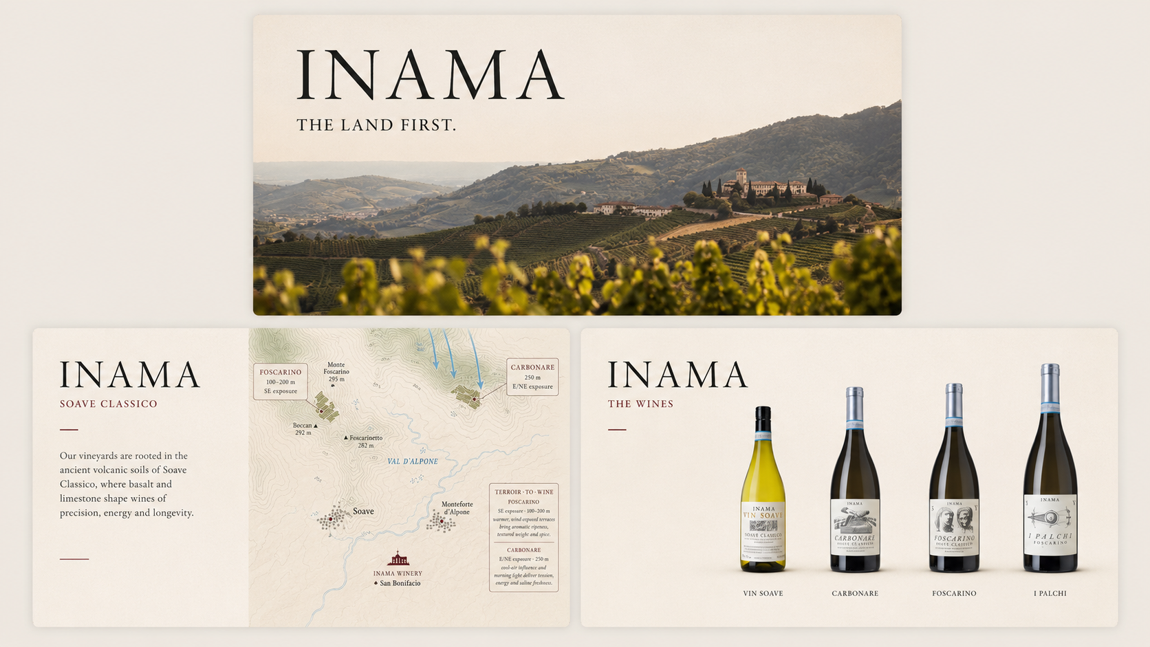 Inama brand presentation: vineyard landscape, Soave map and wine collection