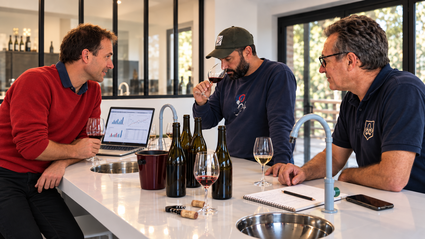 Three people sharing a relaxed wine tasting in a winery, with plain bottles and charts on a laptop