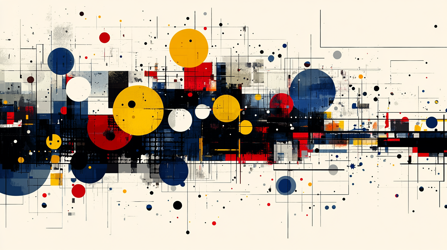 Bold circles, lines and colour fields forming an abstract network