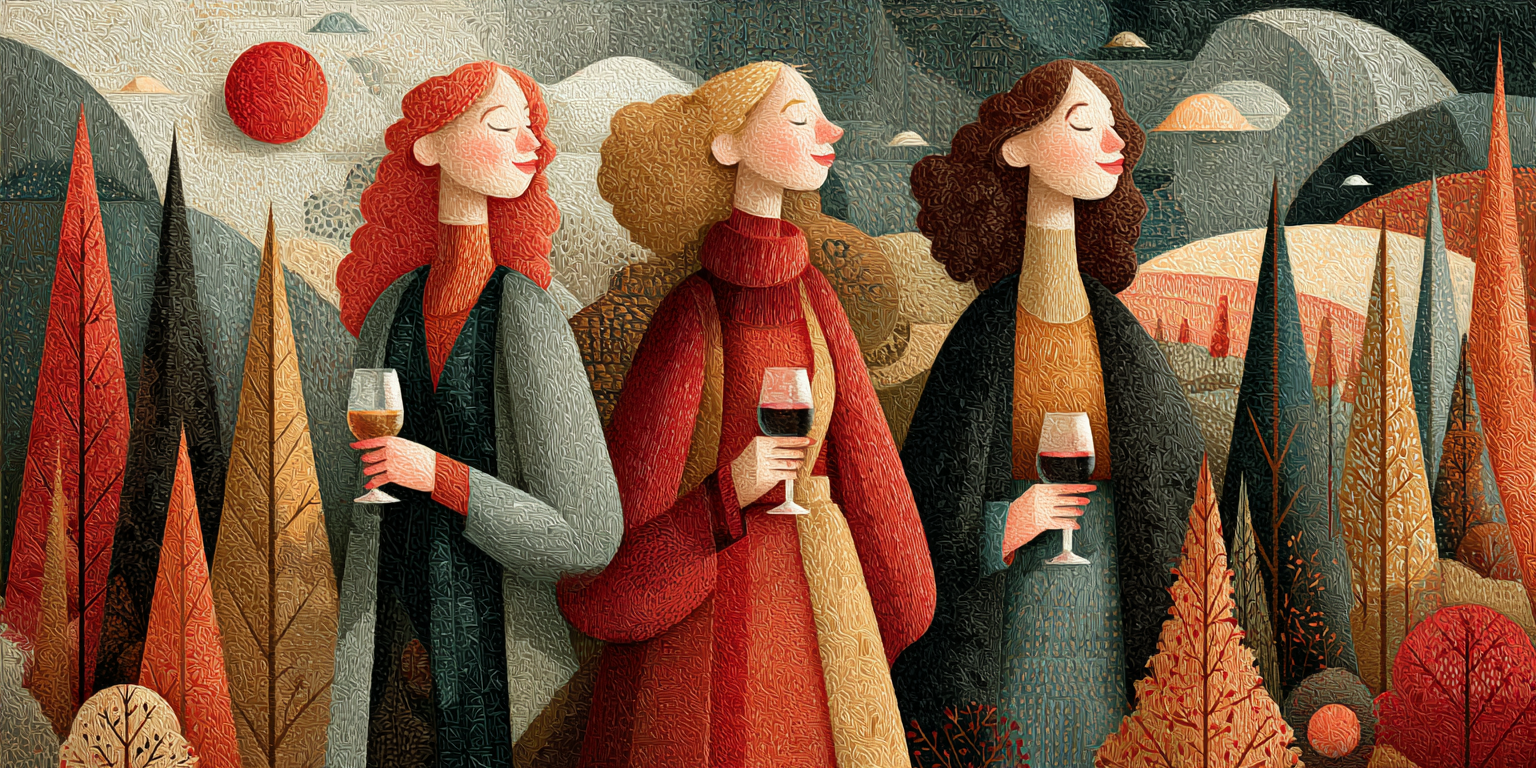 Editorial illustration of wine lovers gathered in a colourful landscape