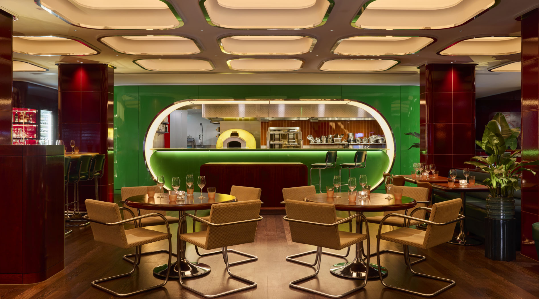 The dining room and open kitchen at Town, London