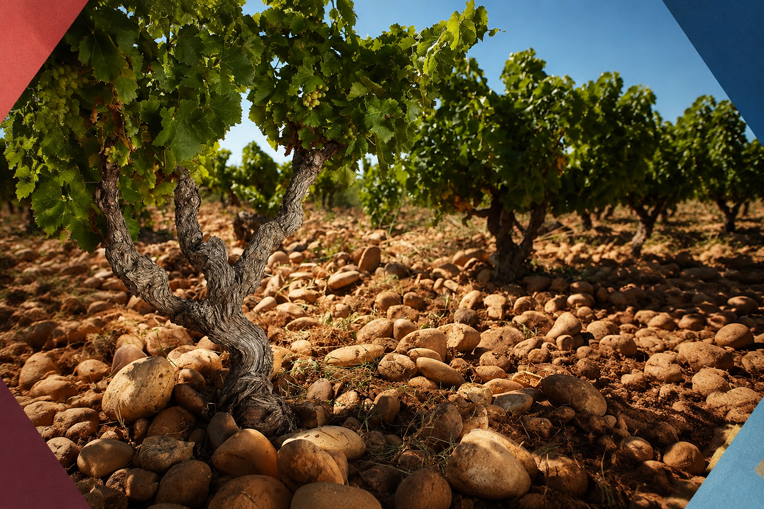 An old vine rooted in Châteauneuf-du-Pape galets roulés with Nexus Azeo editorial framing