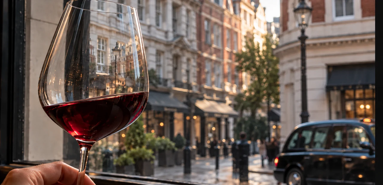 A glass of red wine beside a window overlooking a London street and a black cab