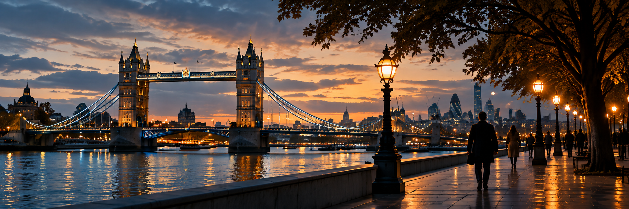 Tower Bridge and the Thames at dusk, with warm lamps along the embankment